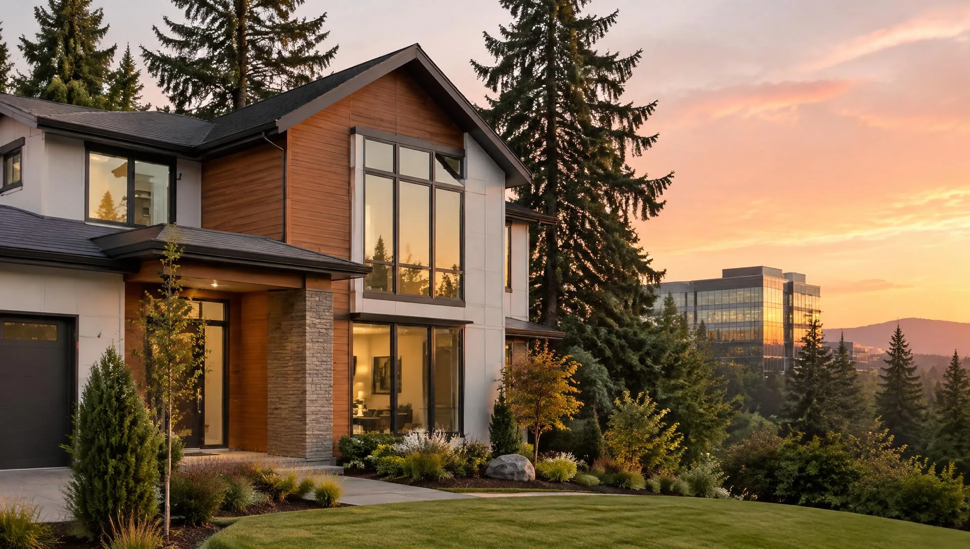 A spotless modern Pacific Northwest home with sparkling clean windows, a glass office building behind it