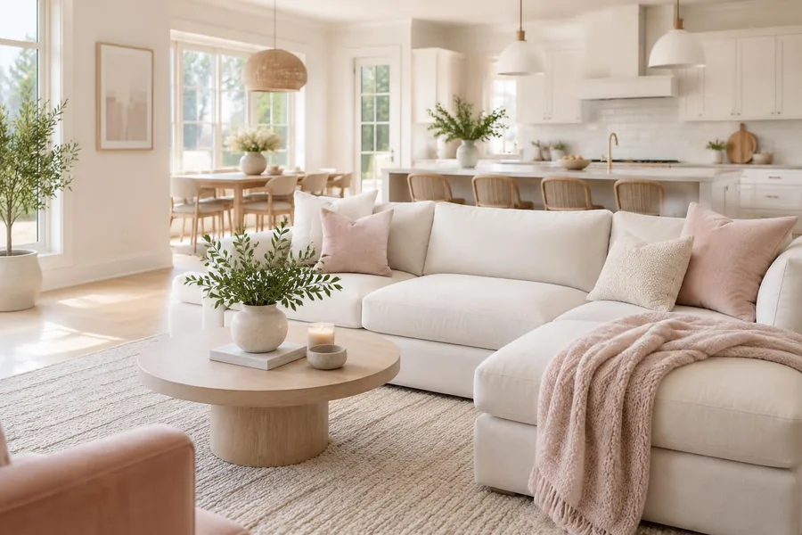 Bright, spotless modern living room and kitchen